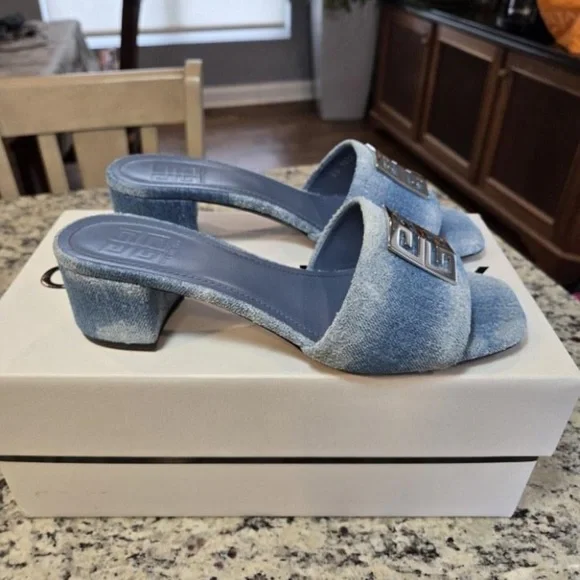 NEW Givenchy Distressed Denim Slides Size 39 45mm Heels - Picture 10 of 11